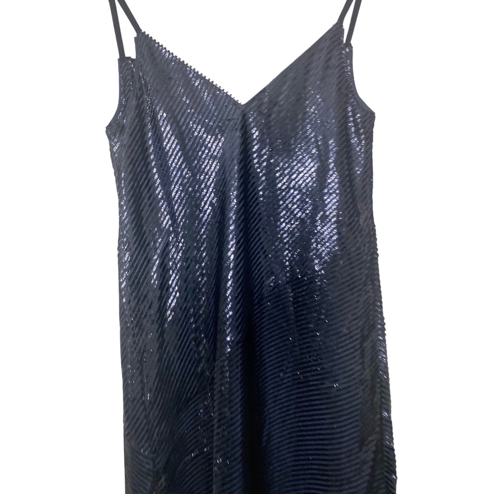 Trina Turk Geometric Dress Navy Blue Asymmetrical Hem Metallic Stripe - Picture 2 of 5